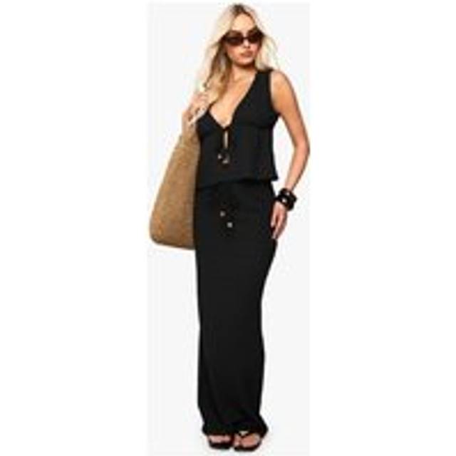 Womens Beaded Textured Drawstring Maxi Skirt - Black - 16