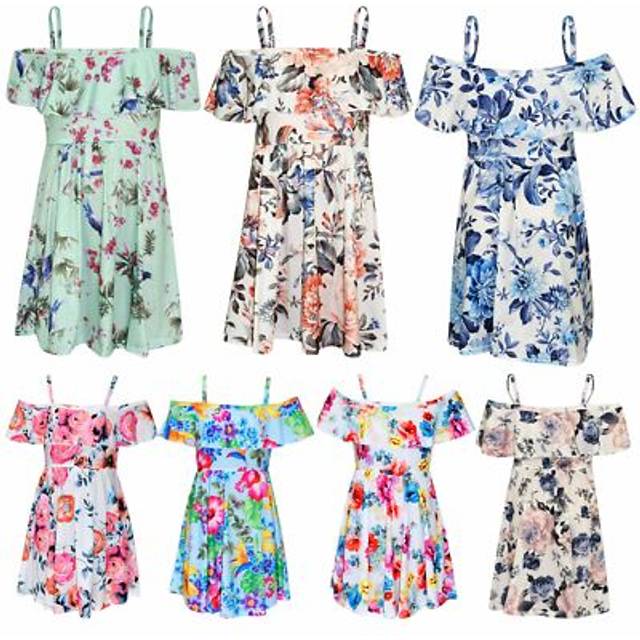 Girls skater dress kids floral print summer party off shoulder dresses 7-13 yr