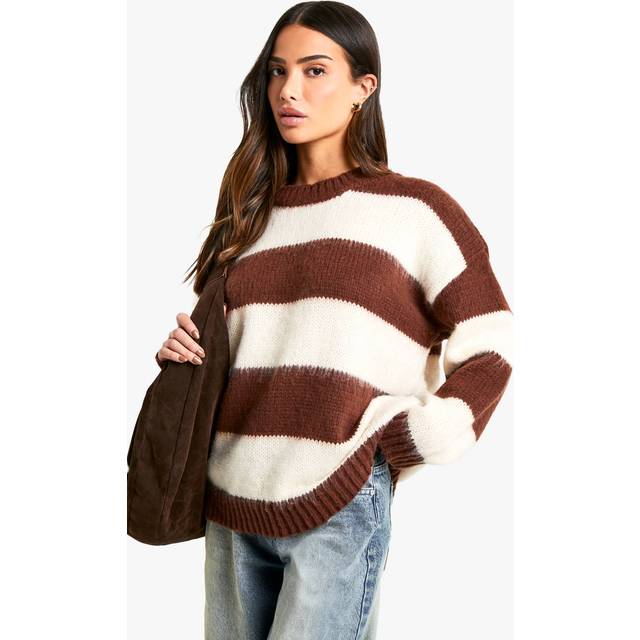 Womens Petite Brushed Striped Oversized Knitted Jumper - Brown - Xs, Brown