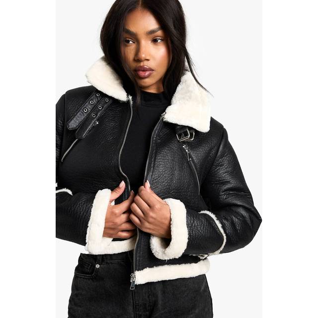 Womens Cropped Aviator Jacket - Black - 10