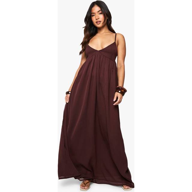 Womens Petite Chiffon Strappy Volume Maxi Dress - Brown - 16