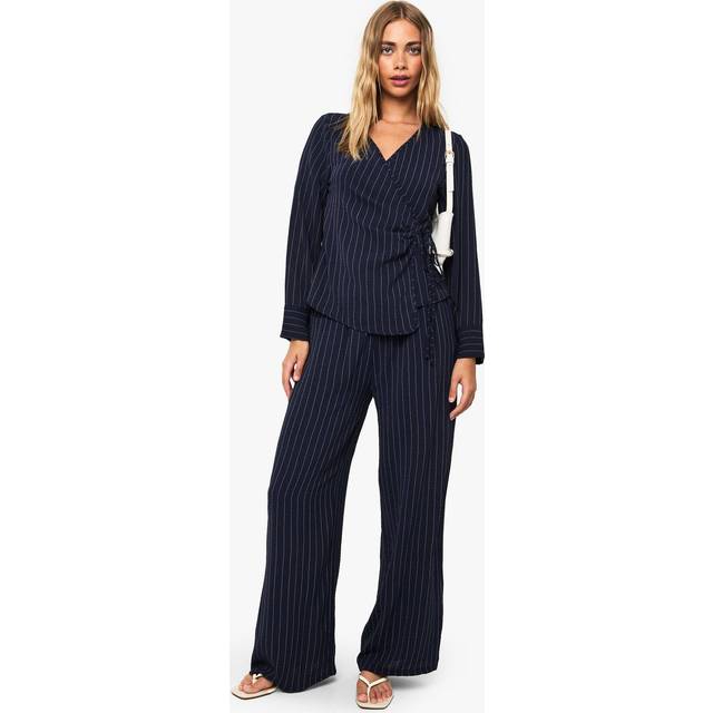 Womens Woven Striped Elasticated Wide Leg Trousers - Navy - 6, Navy