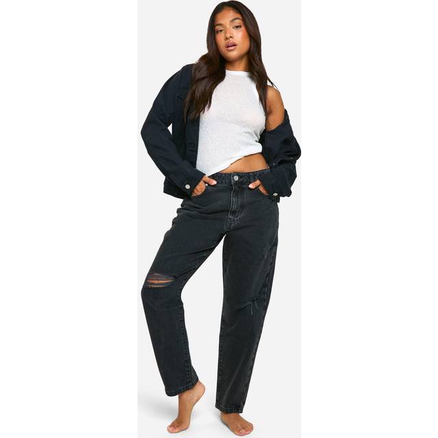 Womens Petite Basics High Waisted Ripped Mom Jeans - Black - 6, Black