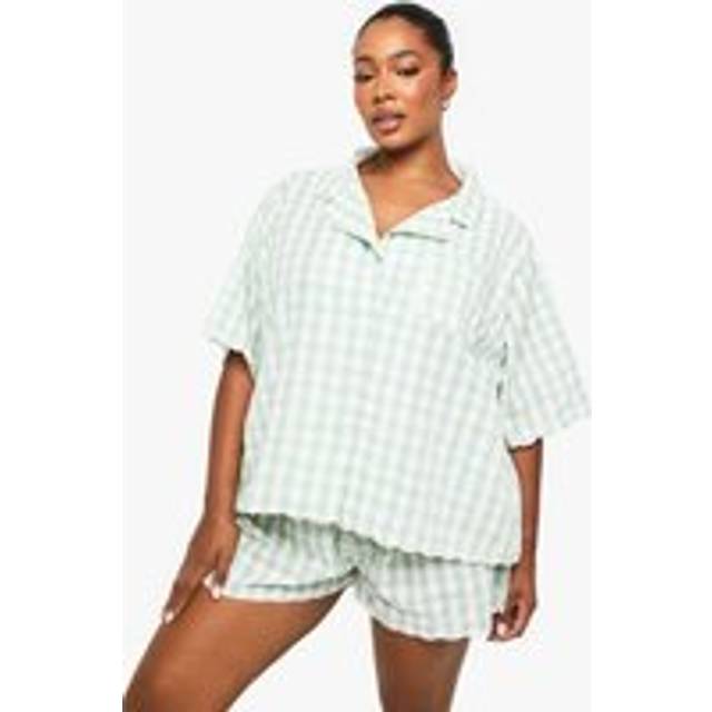 Womens Plus Gingham Scallop Edge Shirt And Short Pyjama Set - Green - 20