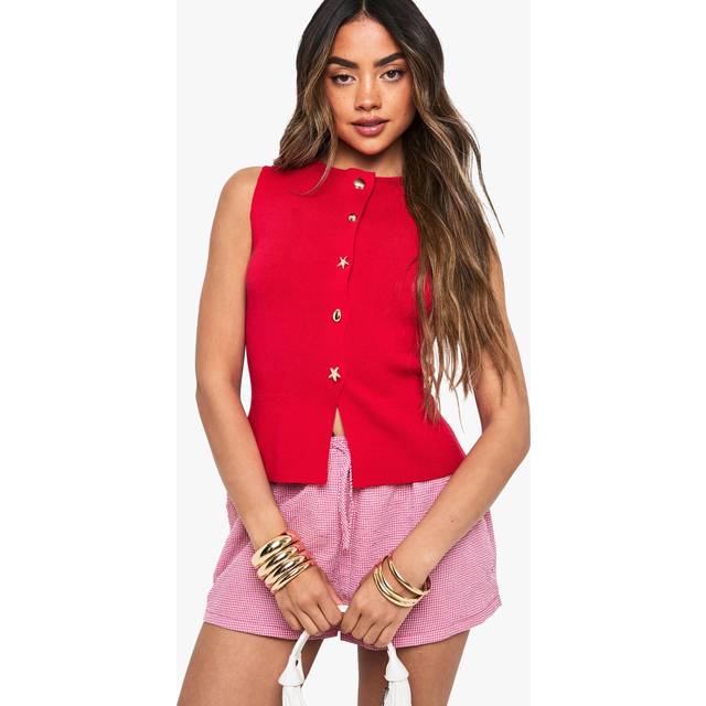 Womens Shell Gold Button Detail Longline Knitted Waistcoat - Red - L