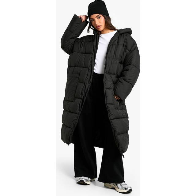 Womens Petite Oversized Hooded Longline Puffer Coat - Black - 14