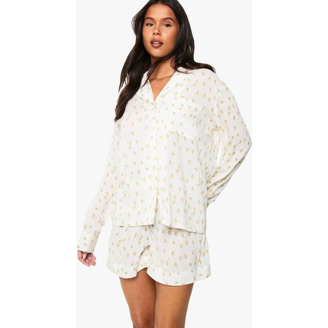 Womens Lemon Print Cheesecloth Long Sleeve Shirt & Shorts Pyjama Set - Yellow - 14, Yellow