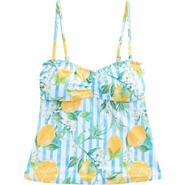 Next White/Blue Stripe Lemon Print Tankini Lettuce Edge Non Padded Wired Bikini Top