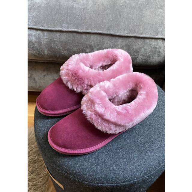 Ladies luxury sheepskin bootie slippers hard rubber sole fluffy cuff pink