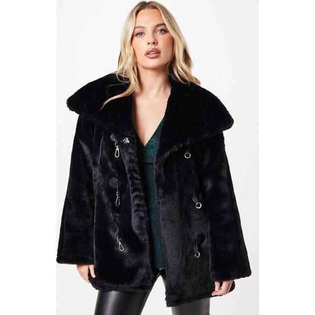 Dorothy perkins womens coat jacket black woven business formal petite fur tab