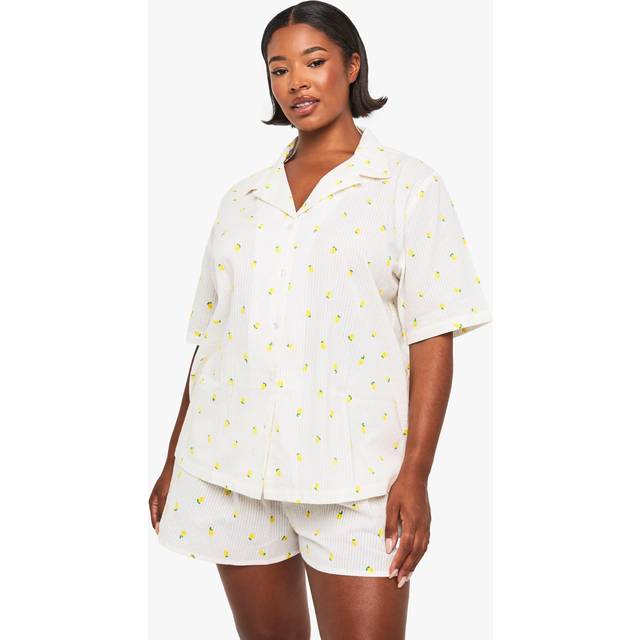 Womens Plus Lemon Print Waffle Shirt PJ Top - White - 16