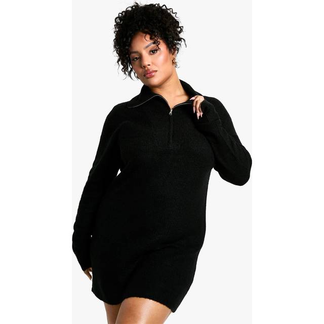 Womens Plus Soft Rib Oversized Knit Half Zip Collar Jumper Dress - Black - 28