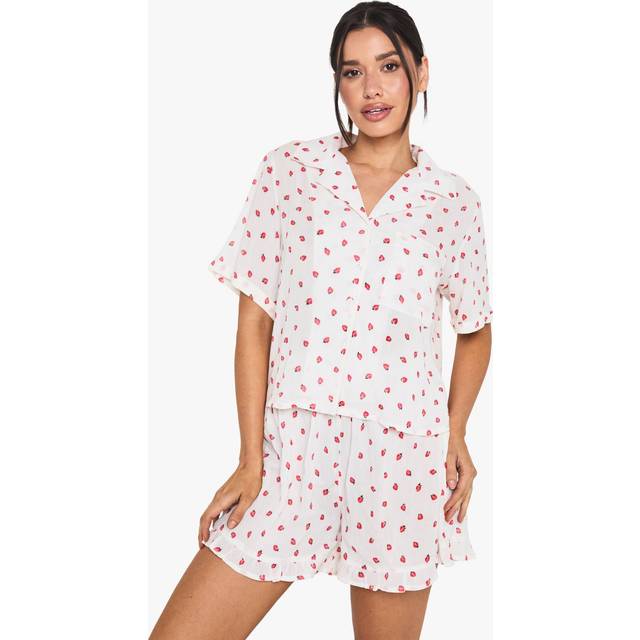 Womens Tall Strawberry Print Cheesecloth Short Pyjama Set - Red - 14