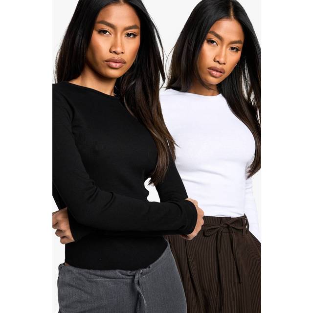 Womens Boohoo Basics 2 Pack Crew Neck Long Sleeve Bodysuit - Blackwhite - 16
