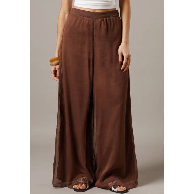 Warehouse Chiffon High Waisted Wide Leg Trousers In Chocolate - chocolate - 8