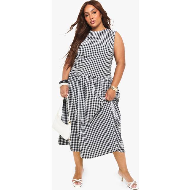 Womens Plus Gingham Drop Waist Smock Midaxi Dress - Black - 16, Black