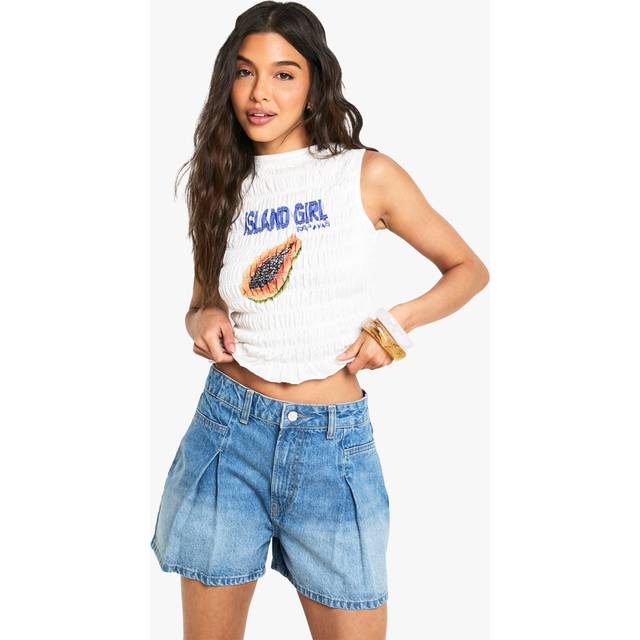 Womens Denim Pleated Shorts - White - 10, White