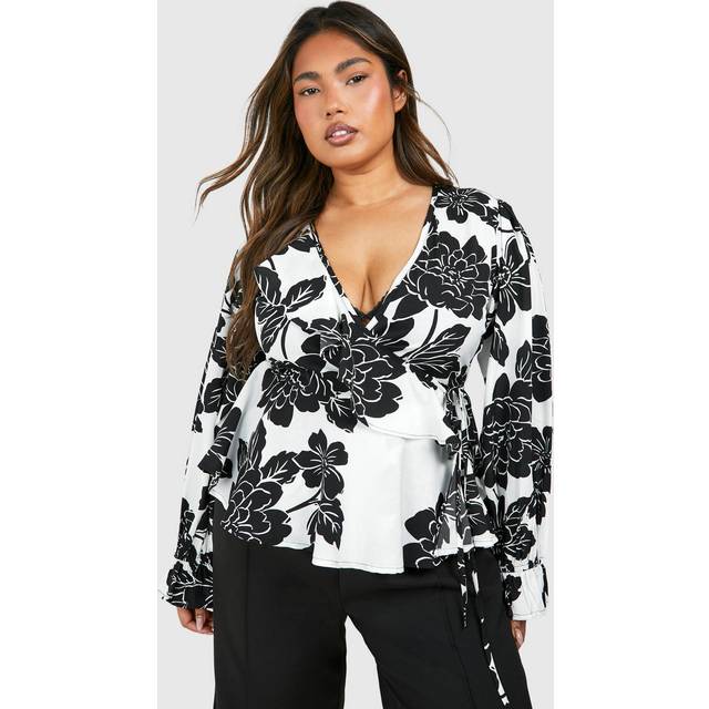 Womens Plus Mono Floral Ruffle Wrap Top - White - 16, White