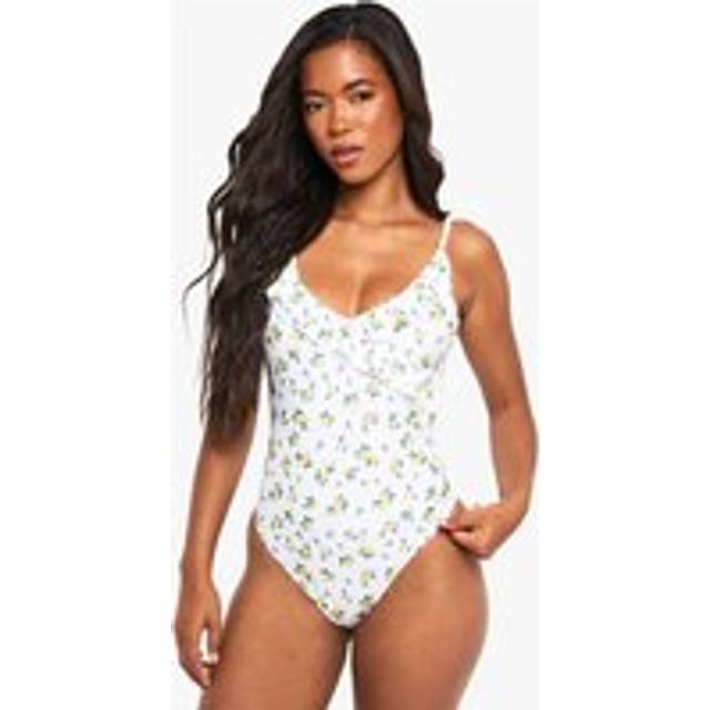 Womens Ditsy Floral Print Ruffle Detail Scoop Swimsuit - White - 6