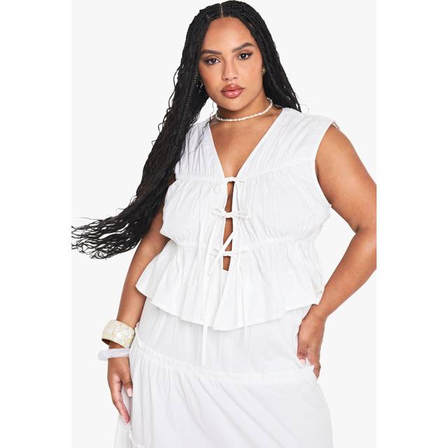 Womens Plus Cotton Tie Front Waistcoat - White - 24