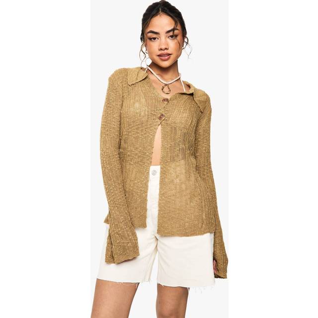 Womens Crochet Collared Textured Cardigan - Beige - M, Beige