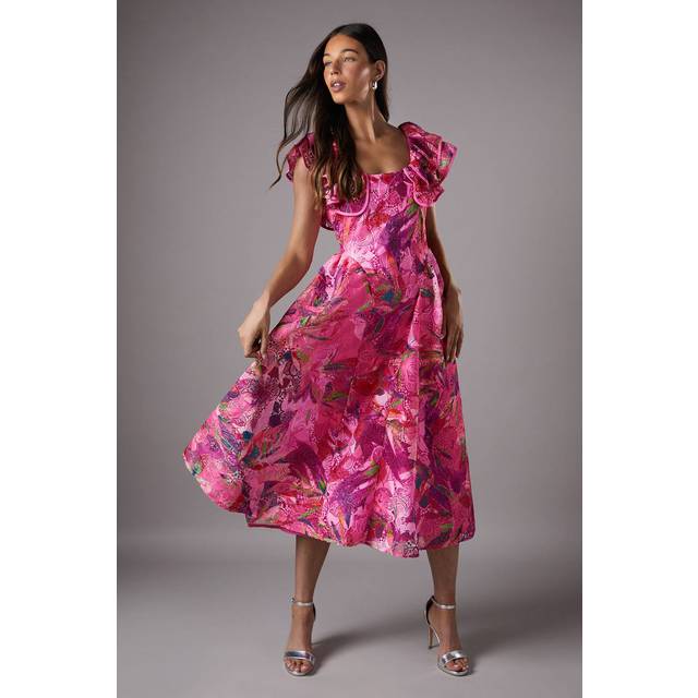 Printed Broderie Frill Sleeve Midi Holiday Dress - Pink - 10