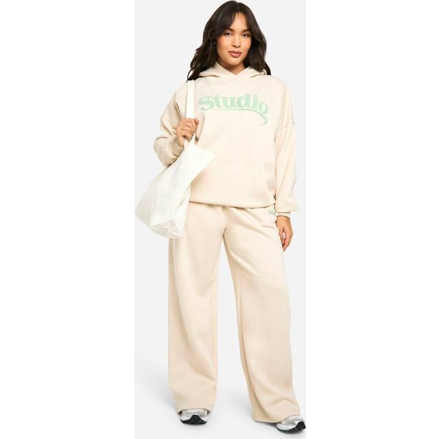 Womens Plus Studio Slogan Deep Waistband Straight Leg Jogger - Beige - 16, Beige