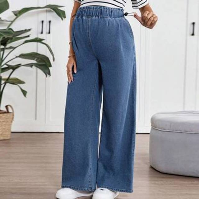 SHEIN Maternity Ruffled Waist Drawstring Adjustable Blue Denim Wide Leg Loose Pants, Mother Day/Mom/Mother/ Mommy/Mother&#39;s Day/Mama/Mum/Mother&#39;s Day Gift, S