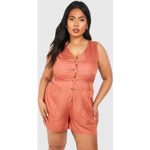 Womens Plus Woven Tailored Button Down Playsuit - Orange - 28, Orange