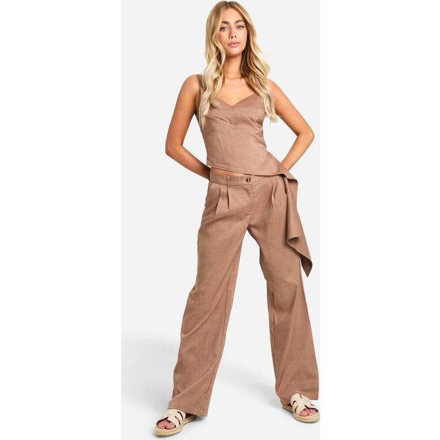 Womens Linen Look Pleat Front Wide Leg Trousers - Brown - 8