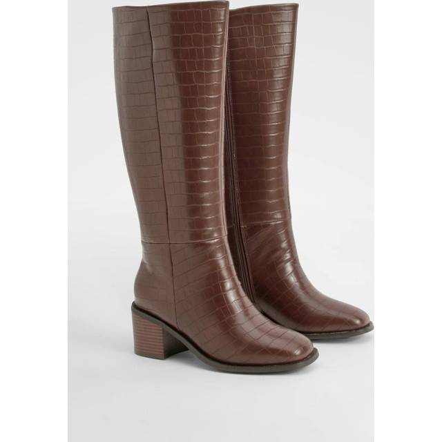 Womens Wide Fit Croc Block Knee High Boots - Brown - 3, Brown