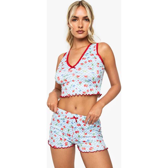 Womens Contrast Trim Gingham Berry Print Vest & Shorts Pyjama Set - Blue - 14, Blue