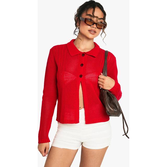 Womens Crochet Knitted Button Through Collared Cardigan - S, Red