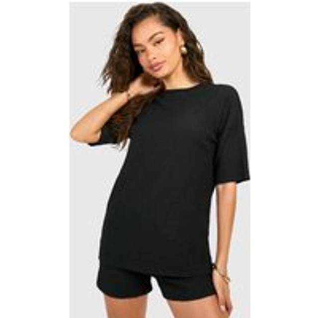 Womens Textured Crinkle Drop Shoulder Tee & Shorts - Black - 8, Black