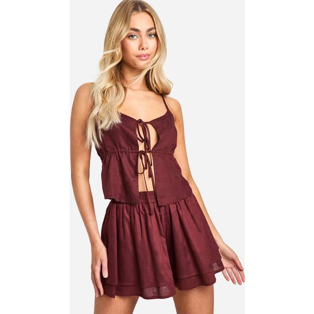 Womens Linen Look Flippy Shorts - Brown - 6, Brown