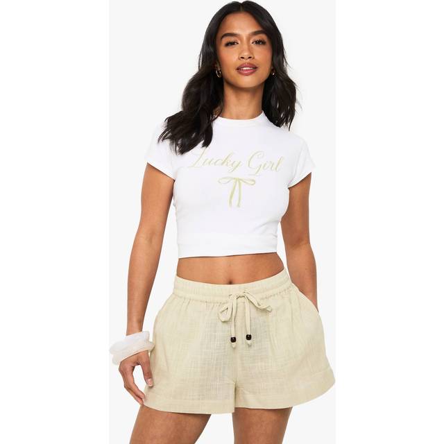 Womens Petite Linen Beaded Beach Short - Beige - 8