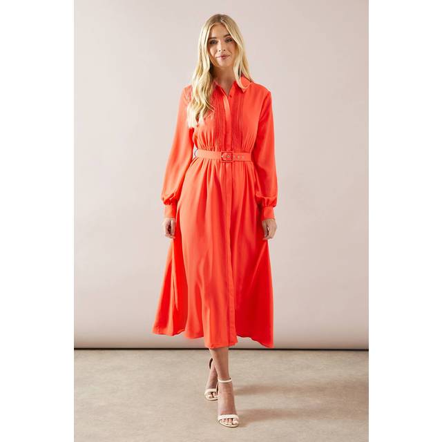 Womens Petite Occasion Belted Shirt Midi Dress - Coral - 12