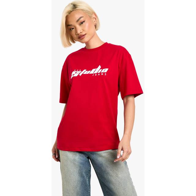 Womens Studio Oversized Stripe T-Shirt - Red - 10, Red