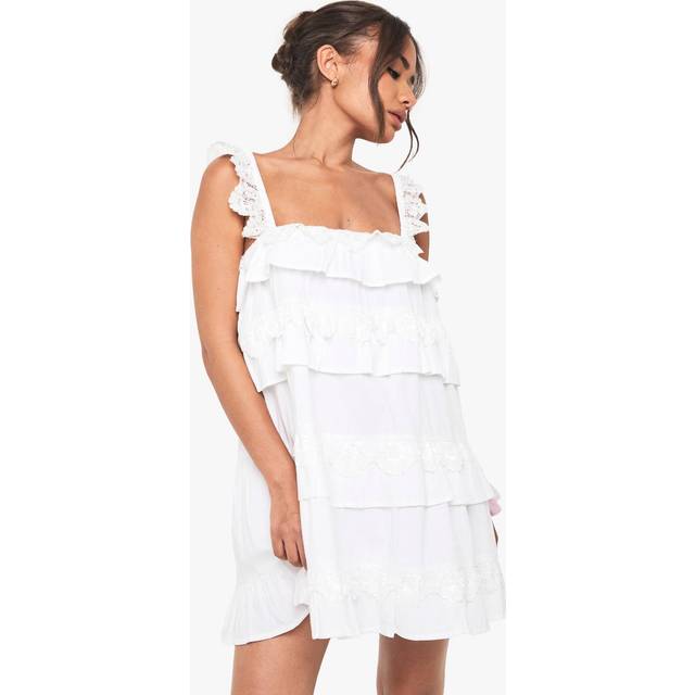 Womens Cotton Layered Ruffle Smock Mini Dress - White - 14