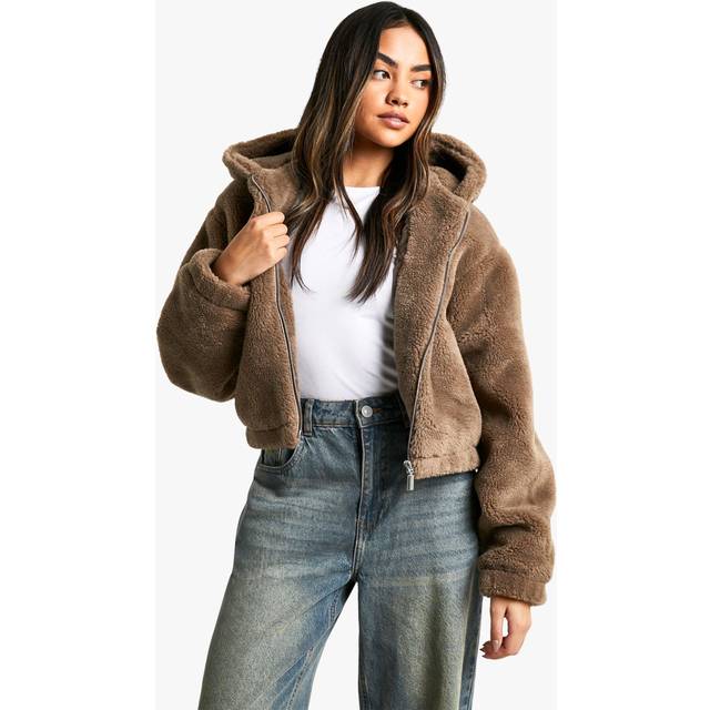 Womens Hooded Teddy Faux Fur Coat - Brown - 14, Brown