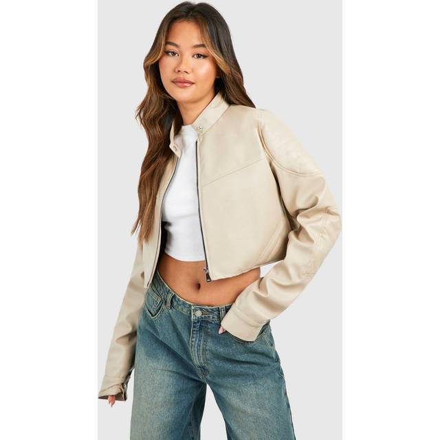Womens Cropped Moto Bomber Jacket - Beige - 12, Beige