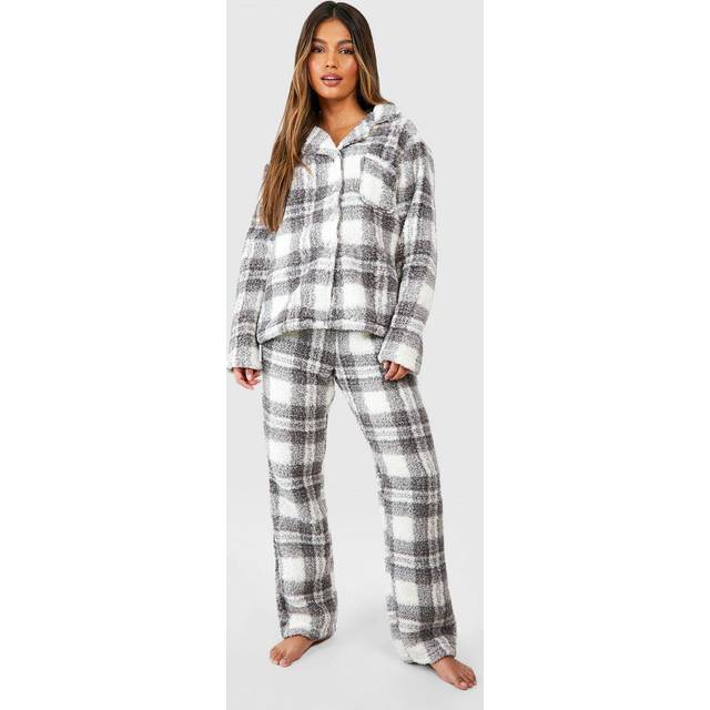 Womens Grey Check Fleece Button Front Trouser Set - 8, Grey