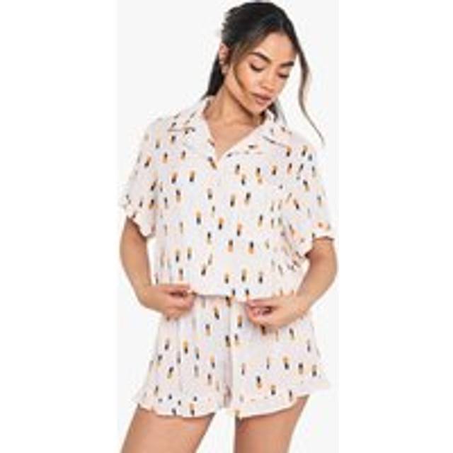 Womens Cheesecloth Pineapple Print Boxy Short Sleeve Shirt & Shorts Pyjama Set - Yellow - 12, Yellow