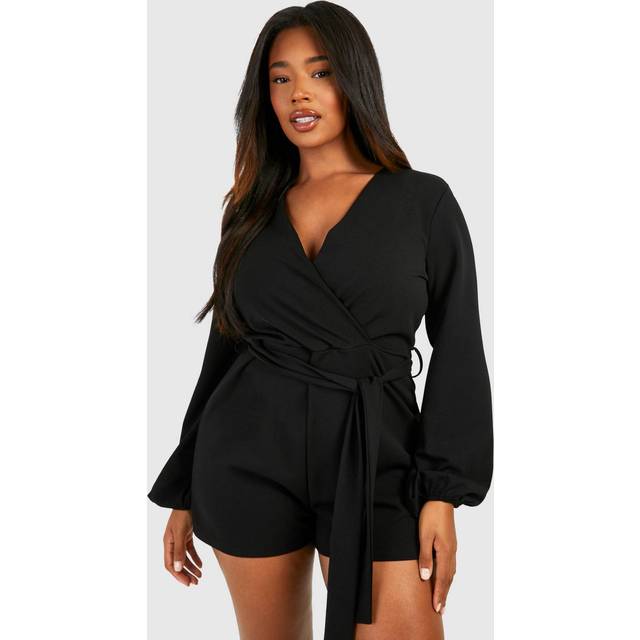 Womens Plus Belted Wrap Long Sleeve Playsuit - Black - 28, Black