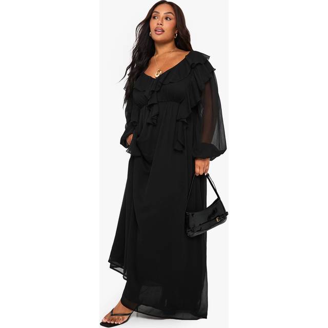 Womens Plus Chiffon Ruffle Detail Maxi Skater Dress - Black - 20, Black