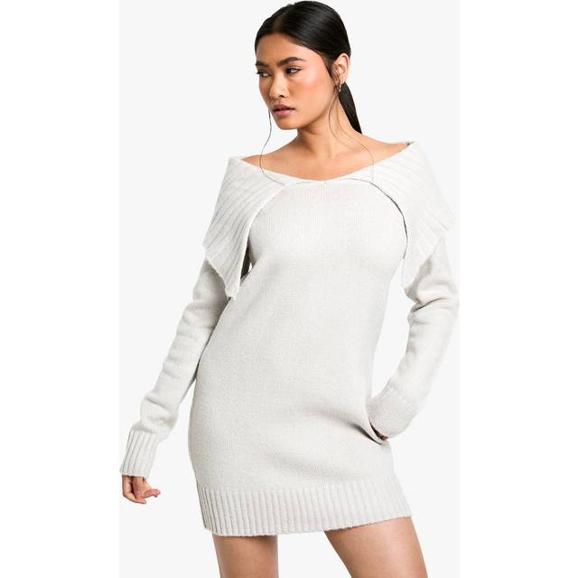 Womens Soft Knit Oversized Collar Off The Shoulder Jumper Dress - Grey - M, Grey
