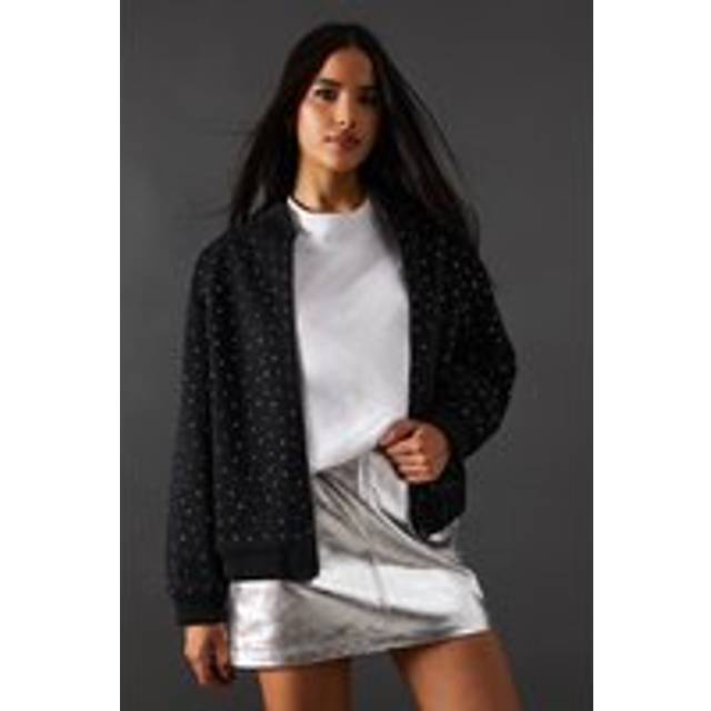 Warehouse womens bomber jacket black denim hotfix embellished casual zip