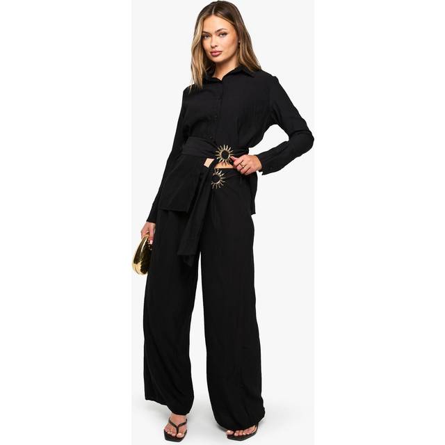 Womens Crinkle Crepe Gold Trim Wide Leg Trouser - Black - 12, Black