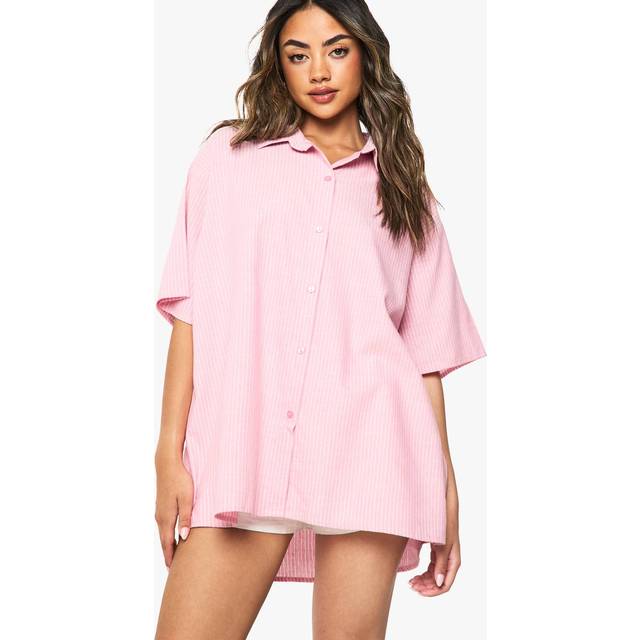 Womens Cotton Pinstripe Oversized Pyjama Shirt - Pink - 10, Pink