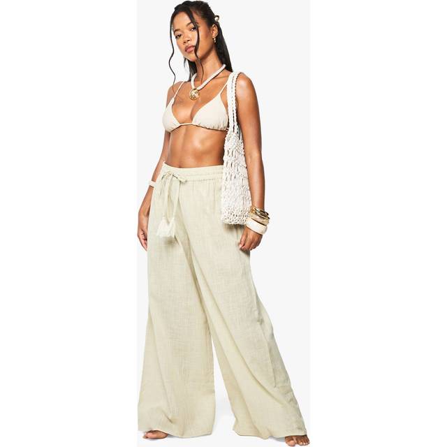 Womens Linen Tassel Wide Leg Beach Trousers - Beige - L, Beige